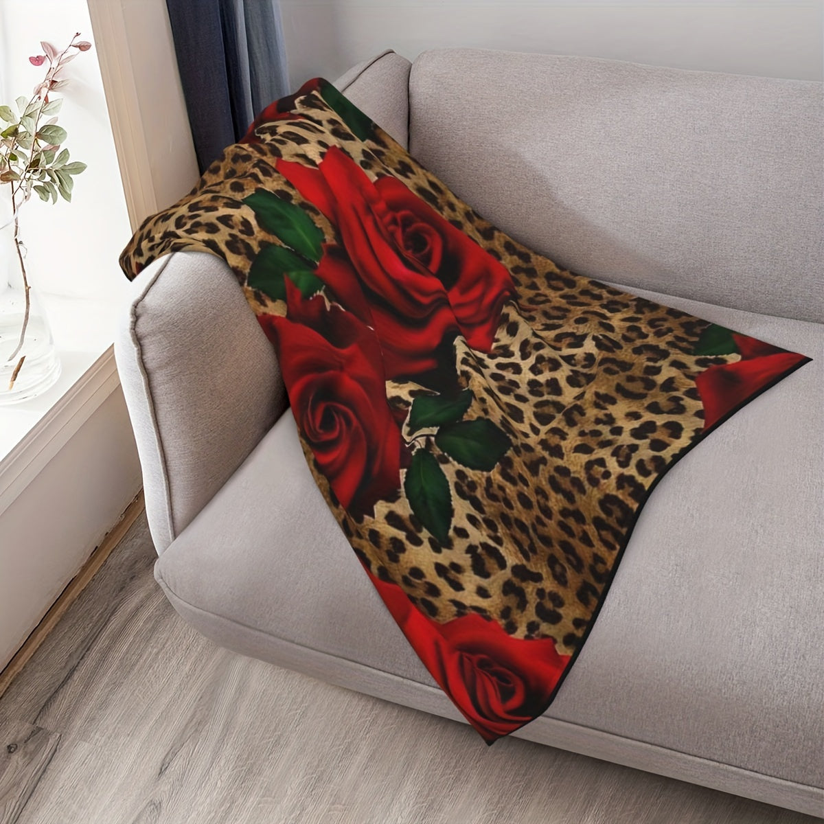 Leopard and Rose Print Flannel Throw Blanket Reversible Soft Warm for Couch Bed Travel