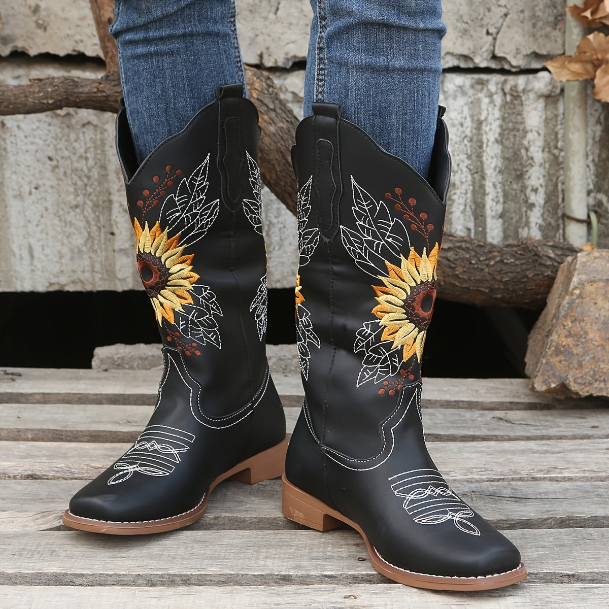 Women's Faux Leather Embroidered Mid Calf Western Boots