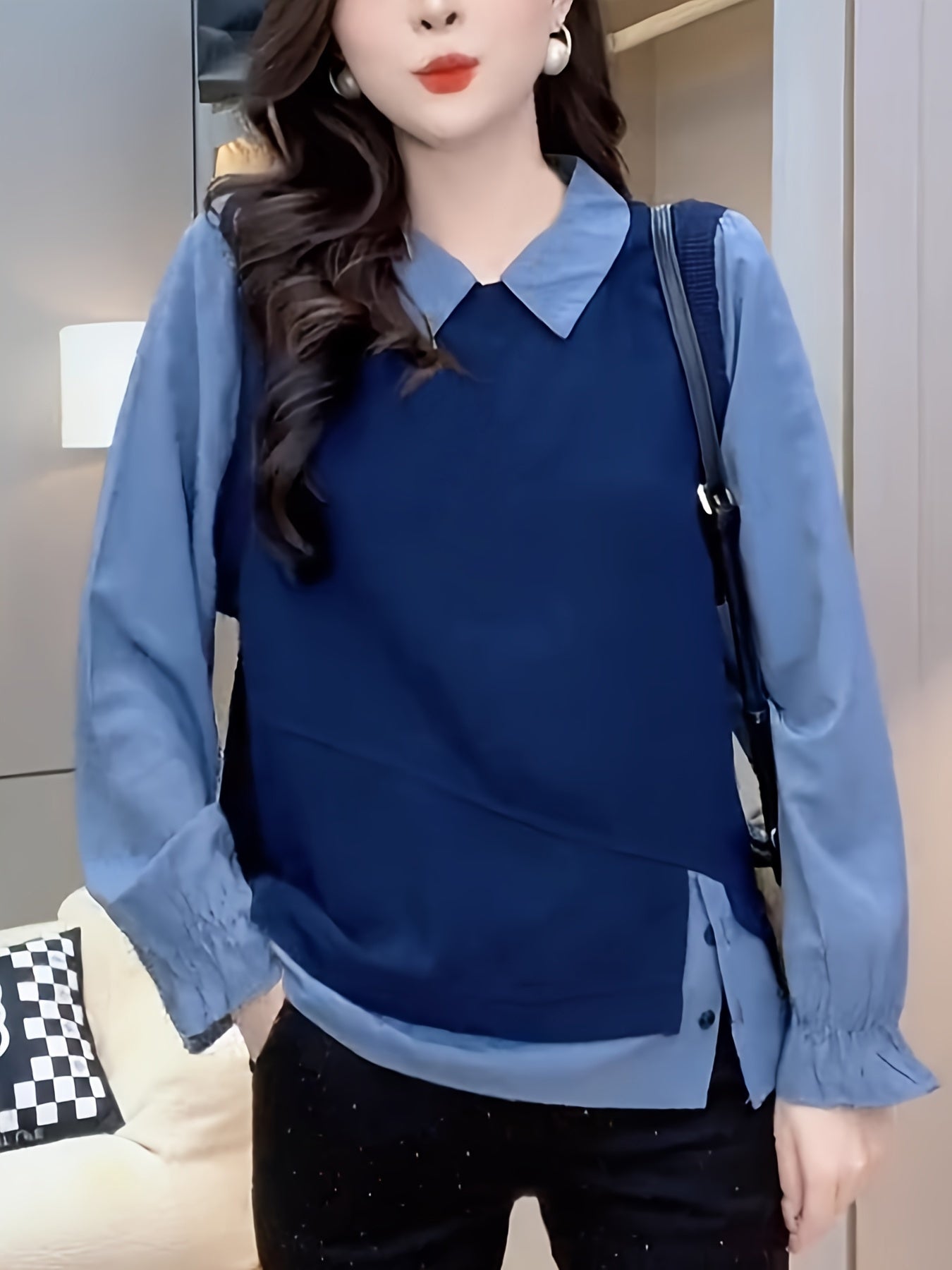 Ayollar uchun yupqa fit faux ikki qismli pullover kofta patchwork dizayni