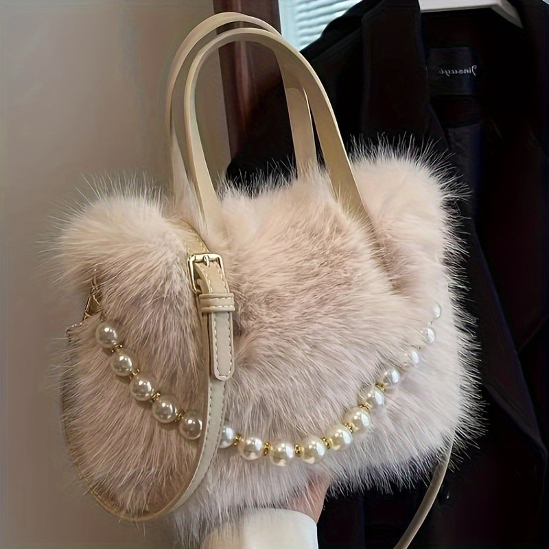 Faux Fur Crossbody Bag for Women with Pearl Accents in Pink Black White Khaki Coffee