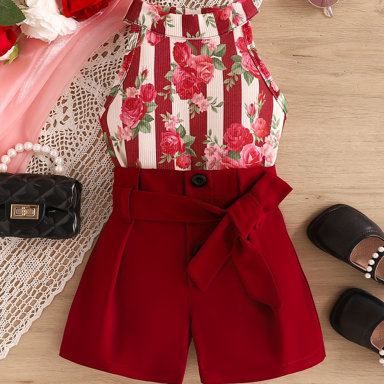 Girls Summer Outfit with Red Rose Print Halter Neck Stripe Top and Belt Shorts