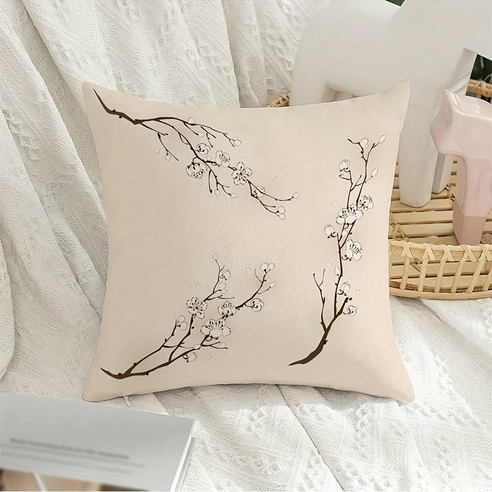 Set of Three Linen Throw Pillow Covers with Chinese Plum Blossom Design for Couch Sofa Decor
