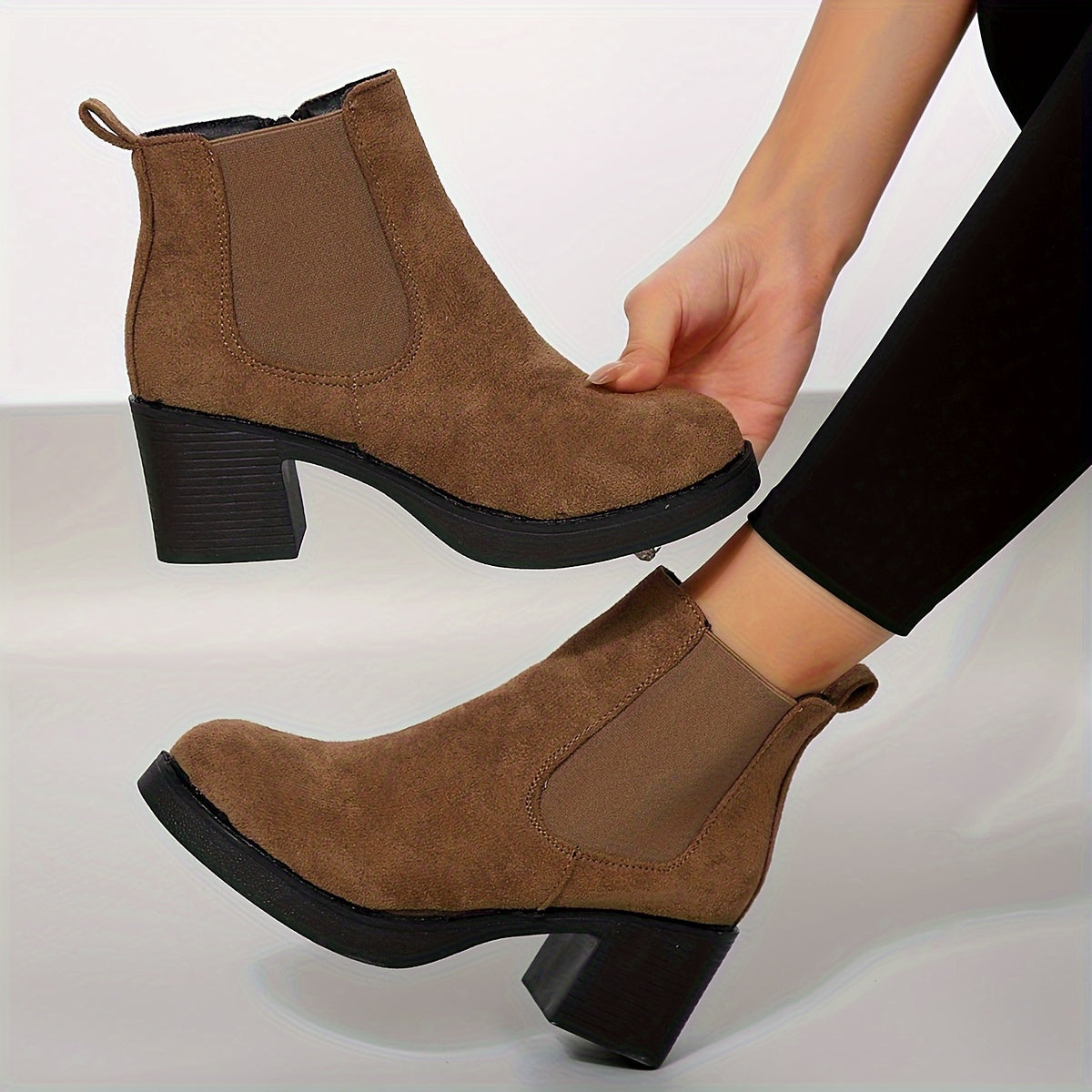 Women's Deer Chunky Heel Ankle Boots Black Non-Slip Warm Lined Short Boots