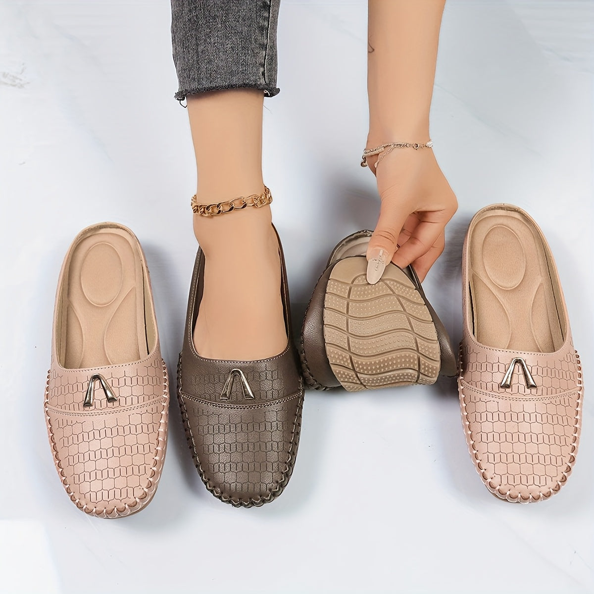 Women's Slip-On Mules Lightweight Flat Shoes with Metal Buckle