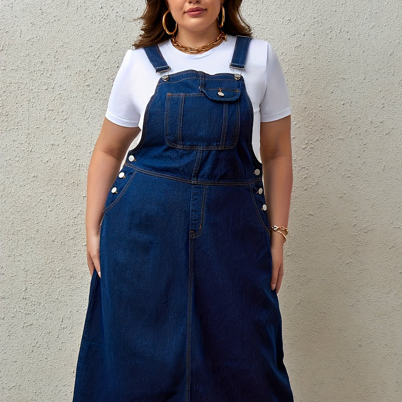 Plus Size Women's Denim Overall Dress with Pockets and Adjustable Straps