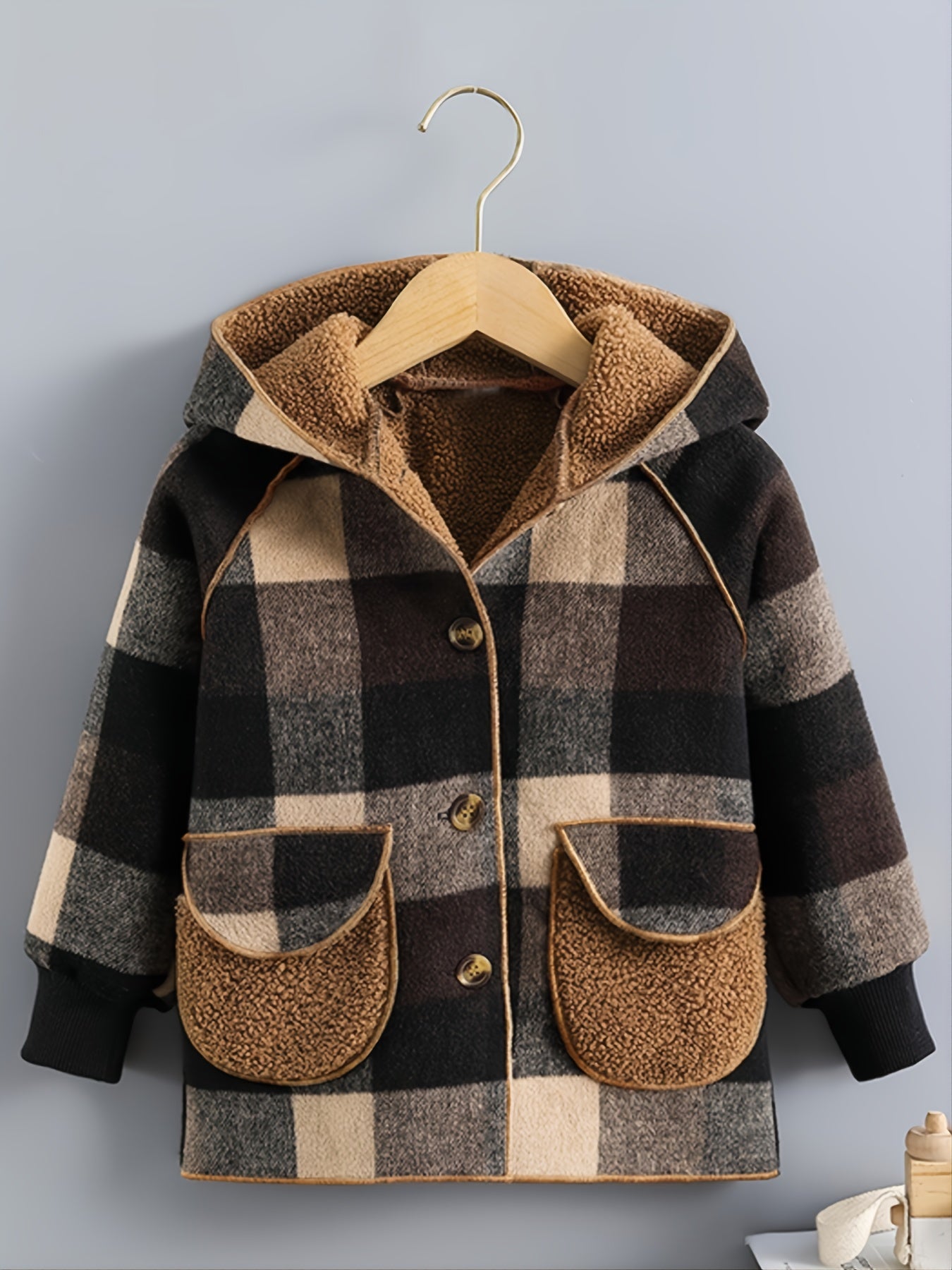 Boys Winter Plaid Hooded Jacket with Long Sleeves and Pockets