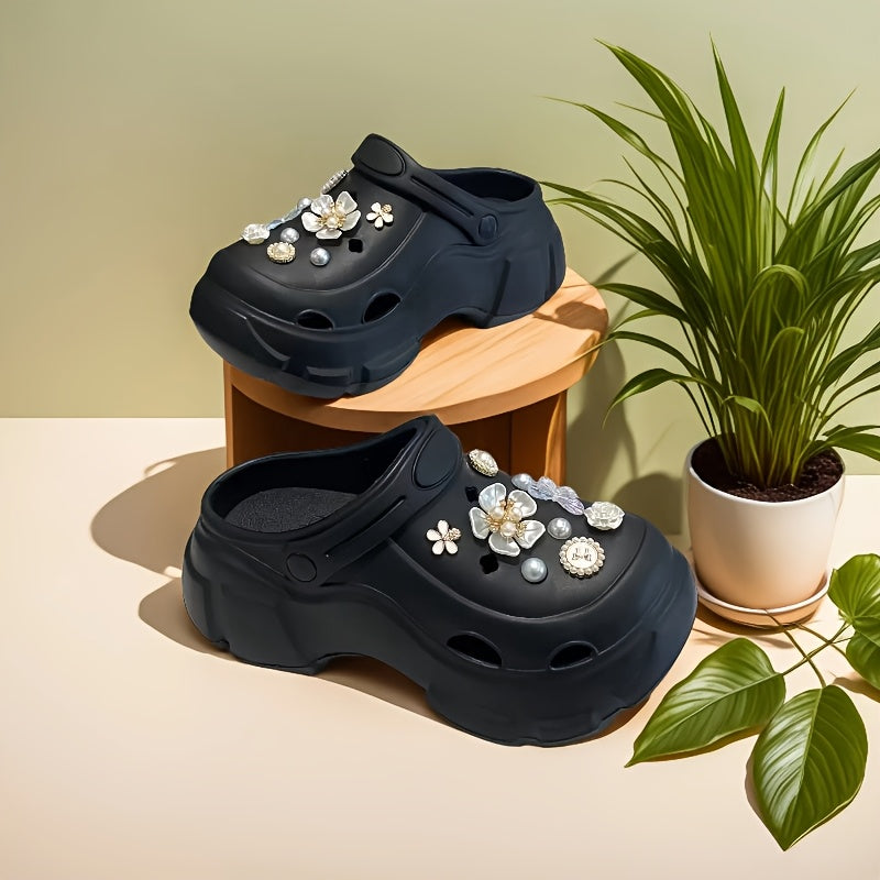 Women's EVA Clogs with Thick Sole, Floral Embellishments, Removable Accessories
