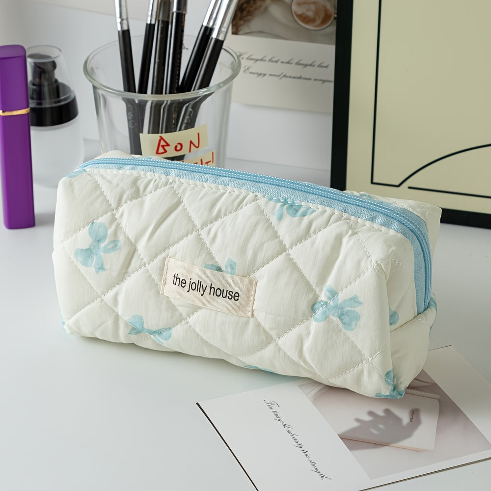 Estuche organizador con lazo de cuadros de poliéster para mujeres y niñas con cremallera