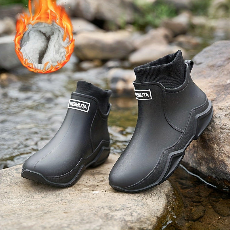 Women'S Fleece-Lined Rain Boots Slip-On Ankle Waterproof Garden Shoes