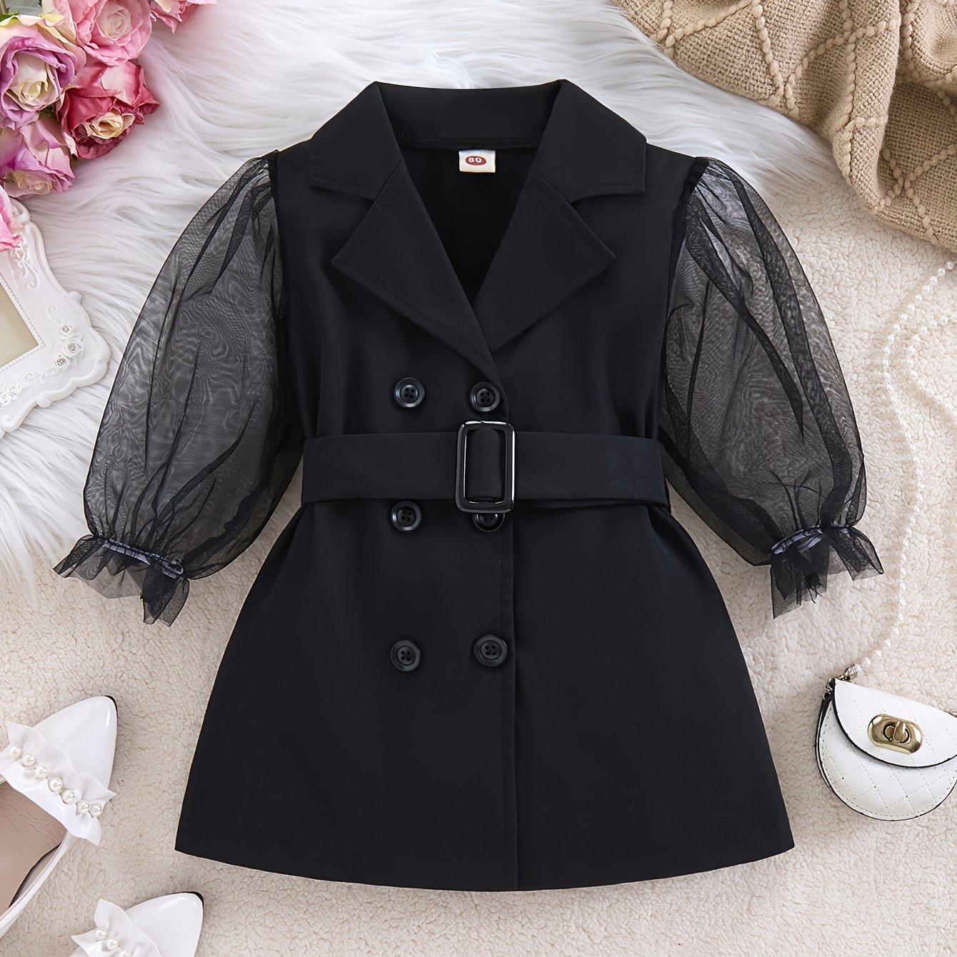 Vestido de malla para niñas pequeñas con cinturón, manga larga, casual, para vacaciones y fiestas