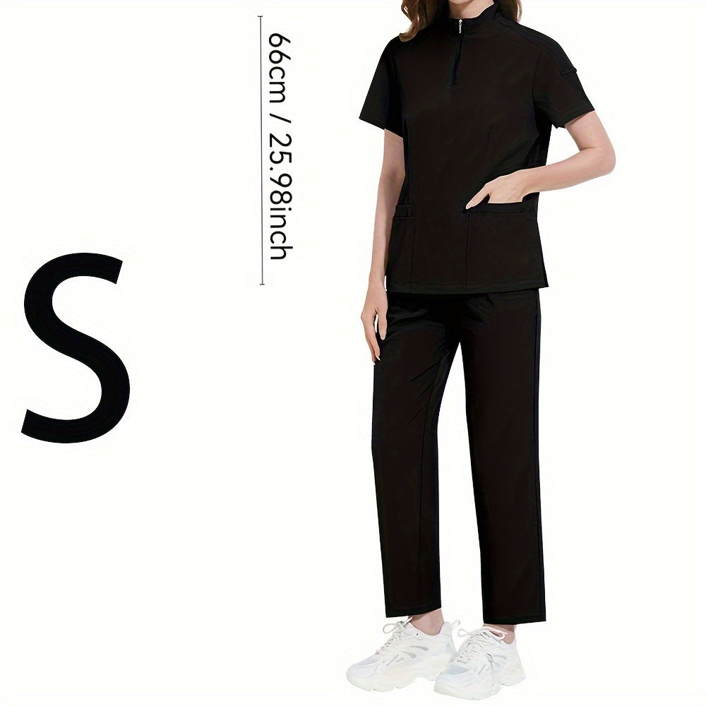 Women's ICU Nurse Scrub Set Solid Color Stand-Up Collar Pockets Polyester Spandex