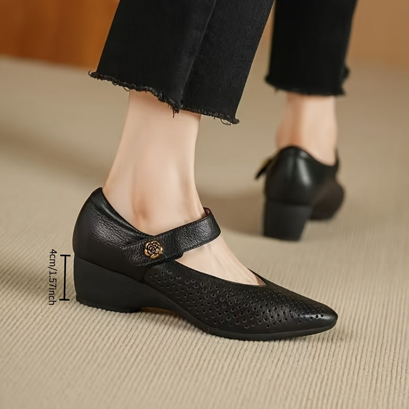 Women's Leather Mary Jane Flats with Ankle Strap and Gold Accents