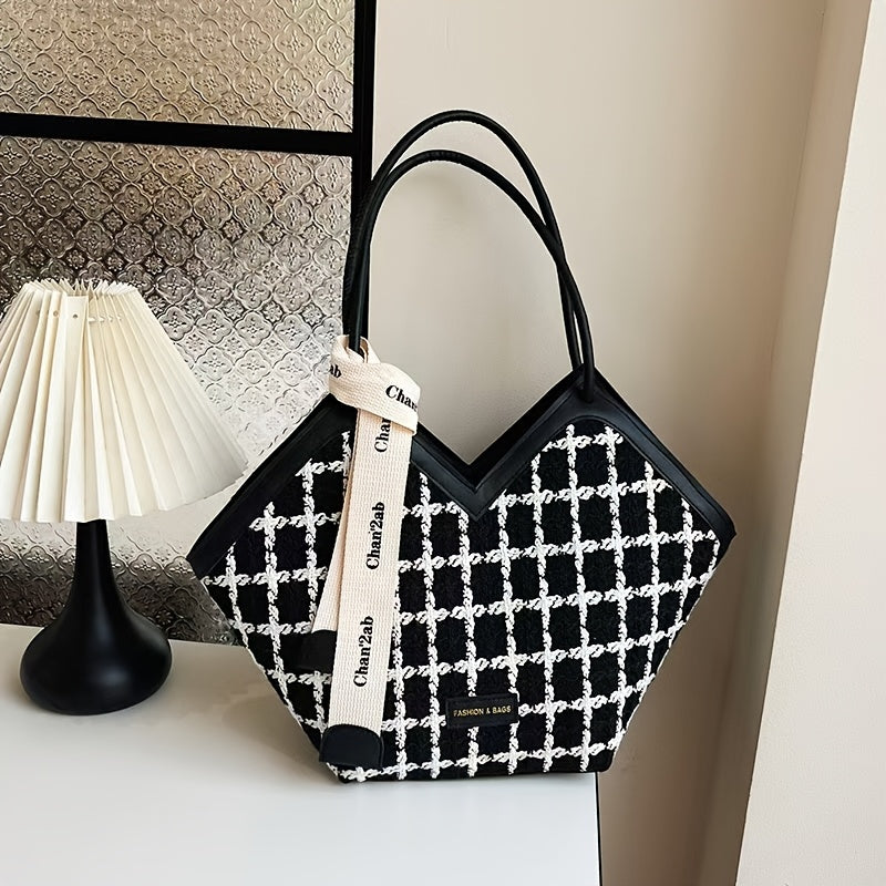Black Plaid Tote Bag for Women with Zipper Closure and Matching Strap