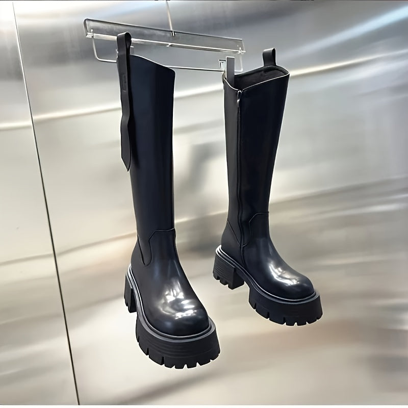 Women's Leather Chunky Heel Boots with Side Zipper and Slip-Resistant Sole