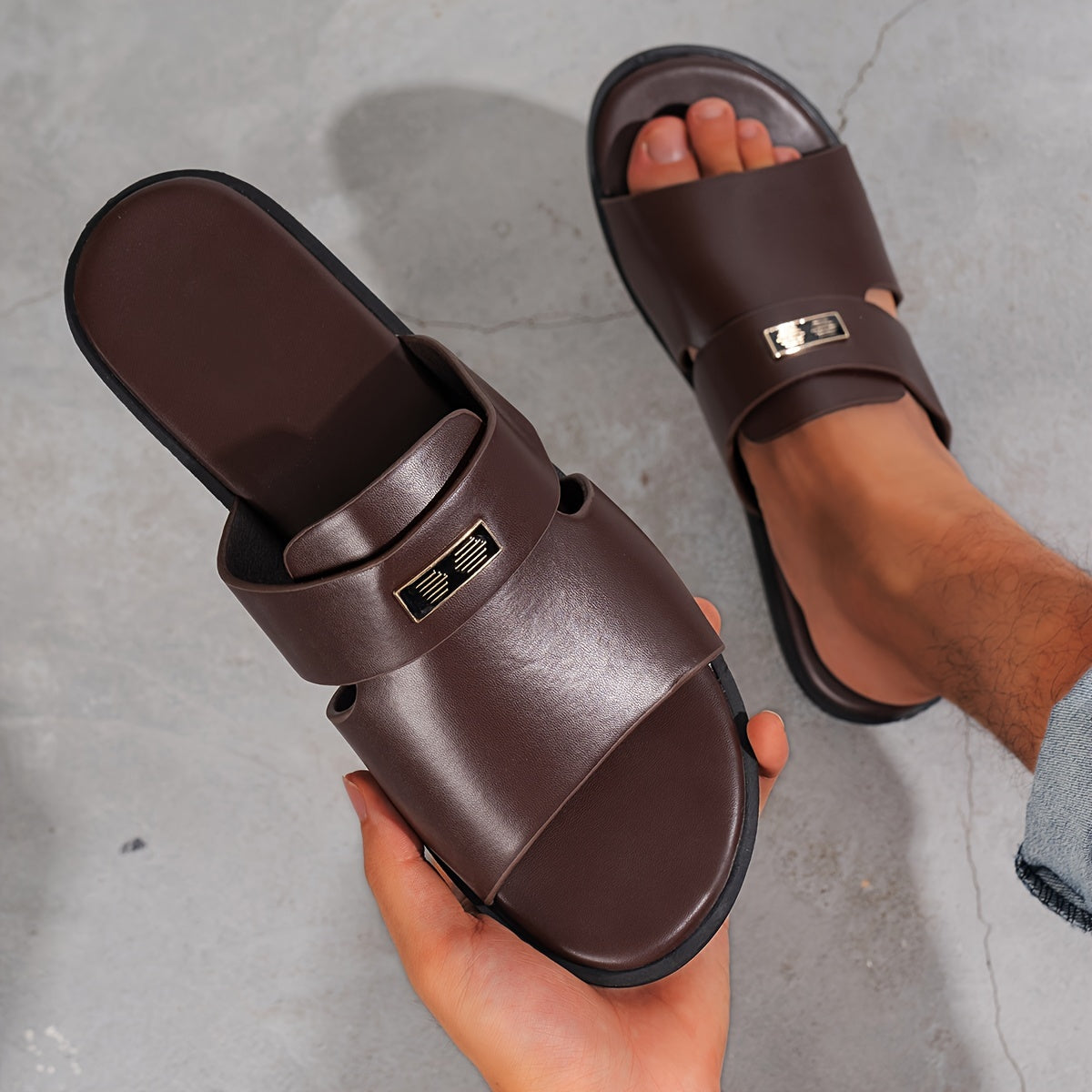 Men's All-Season Casual Faux Leather Slide Sandals with Buckle Closure and TPR Sole