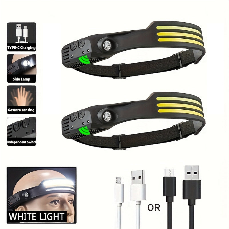 Rechargeable LED Headlamp with Dual COB Light USB Charging for Outdoor Activities