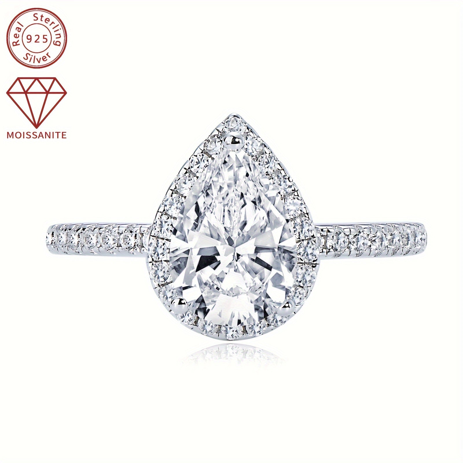 Women's Sterling Silver Engagement Ring with 2 Carat Pear-Shaped Moissanite Center and Surrounding Stones