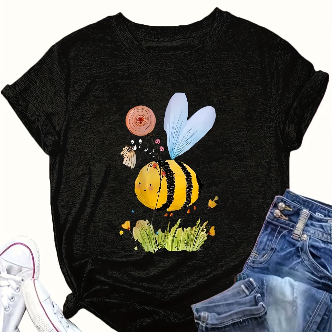 Plus Size Women's Casual T-Shirt Bee Graphic Red Short Sleeve Round Neck