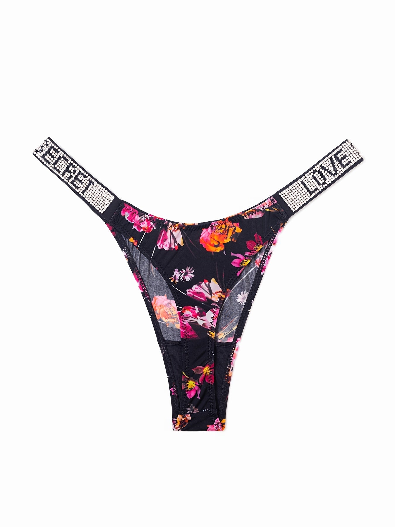 Women's Rhinestone Letter Thongs Low Waist Sports Lingerie Set 6 Pieces