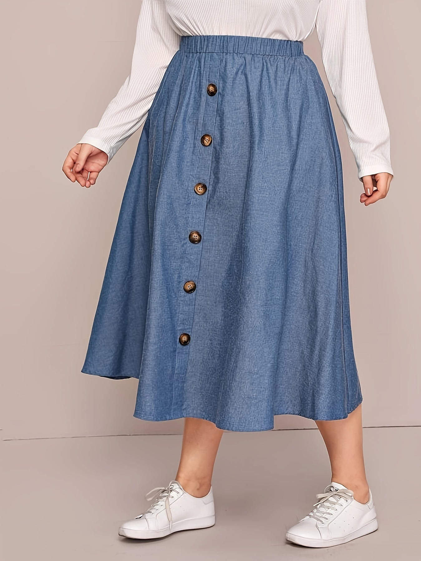 Plus Size Women's Light Blue A-Line Midi Skirt with Elastic Waist