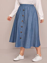 Plus Size Women's Light Blue A-Line Midi Skirt with Elastic Waist