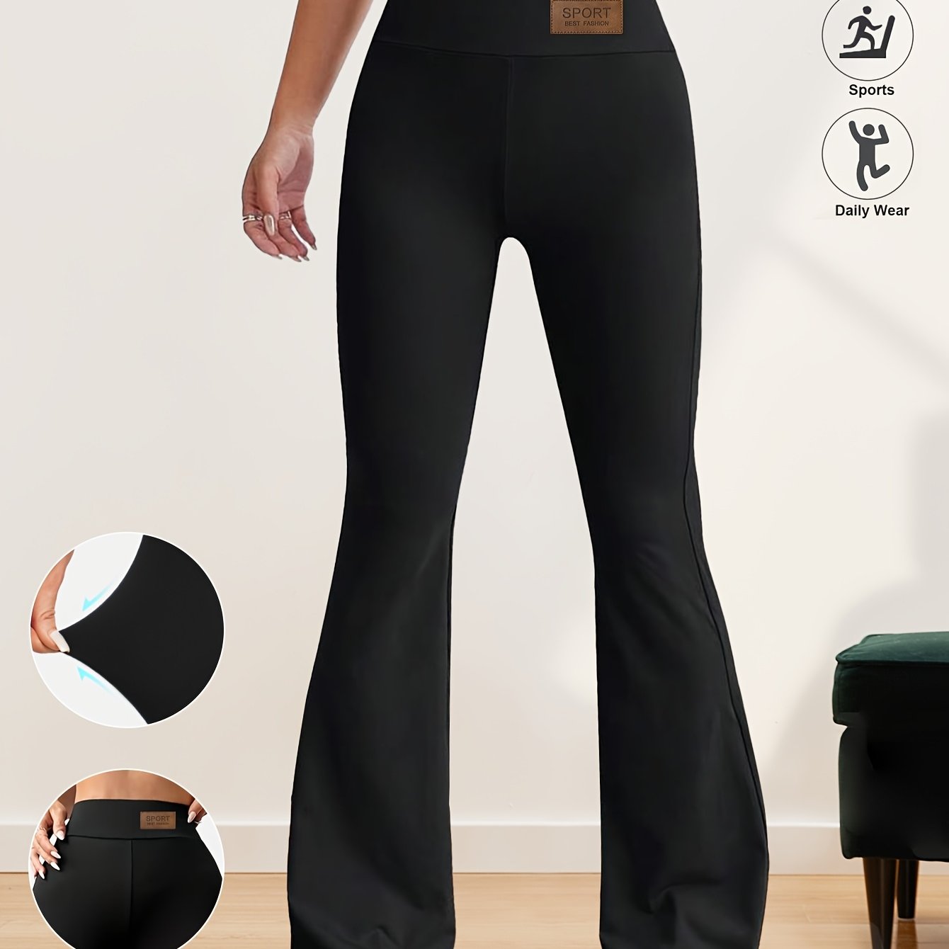 Ayollar uchun keng ochiladigan legginslar, yuqori bel, elastik bel, o'rta balandlik, qora