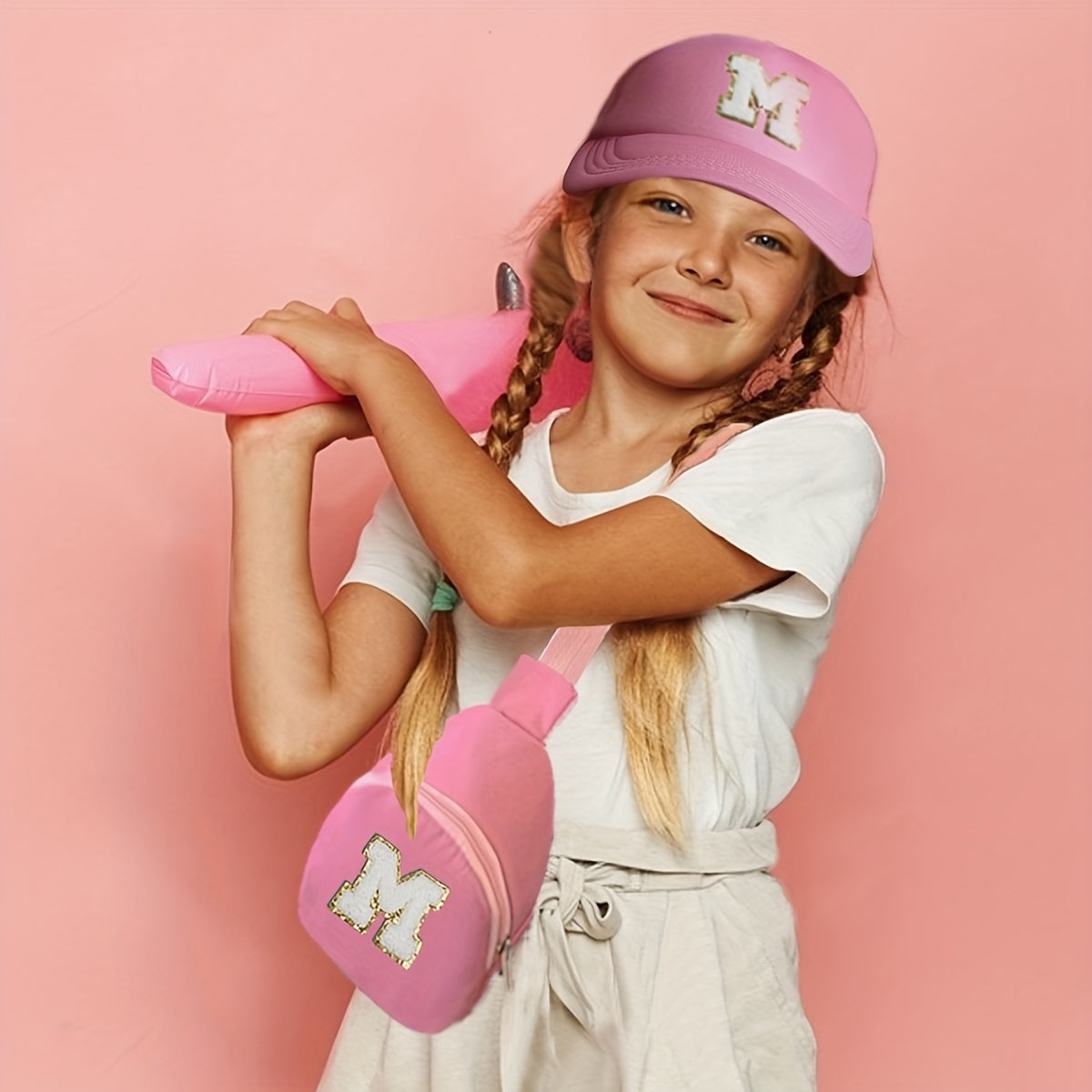 Girls Alphabet-Themed 2-Piece Baseball Cap and Bag Set Polyester Breathable Fitted for Ages 3-14