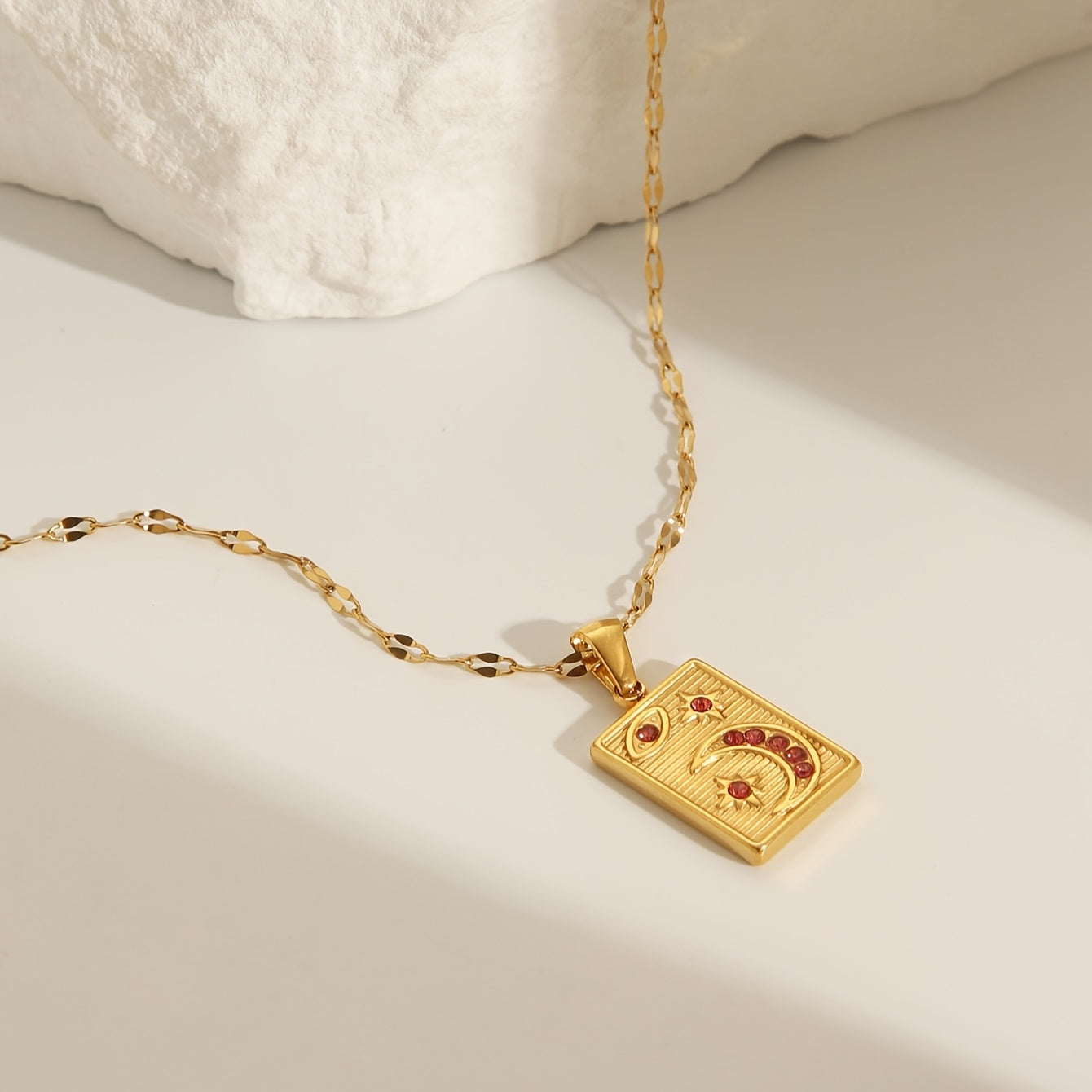 Gold Plated Stainless Steel Pendant Necklace with Geometric Rectangle and Crescent Moon Red Zirconia for Women