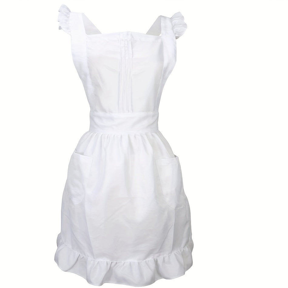 Ayollar va qizlar uchun cho'ntakli oq vintage ruffle apron, oshxona va tozalash ishlariga mos keladi.