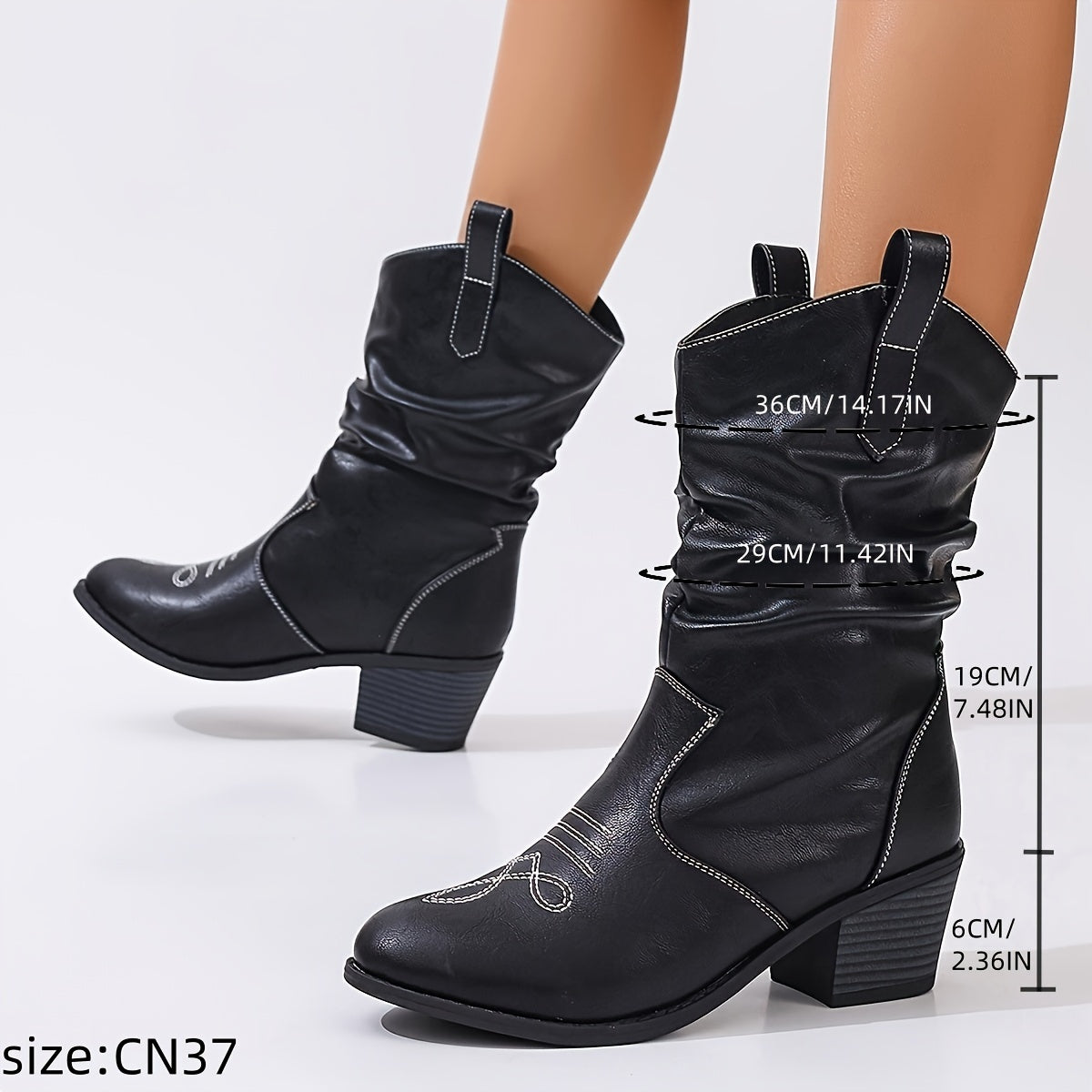 Women's Mid-Calf Leather Western Cowboy Boots With Round Toe and Chunky Heels