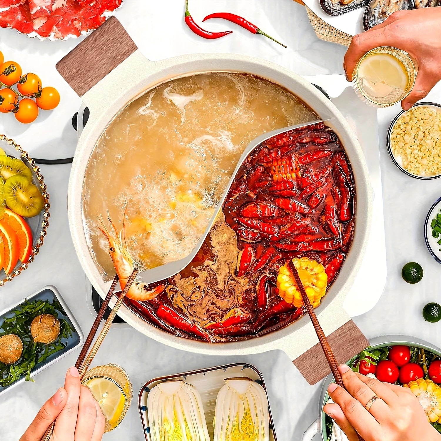 DUMAK 30.48sm Ikki Tomonlama Qoplamali Shabu Qozon, Bo'linma Bilan - Induksion, Gaz Pechka va Qizdirgich uchun Mos, Idish Yuvish Mashinasida Ishlatish uchun Xavfsiz