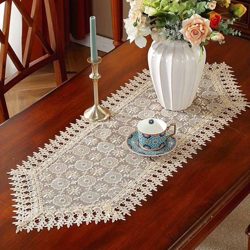 Polyester Table Runner with White Embroidery Flowers and Lace Edge for Dining or Room Decor
