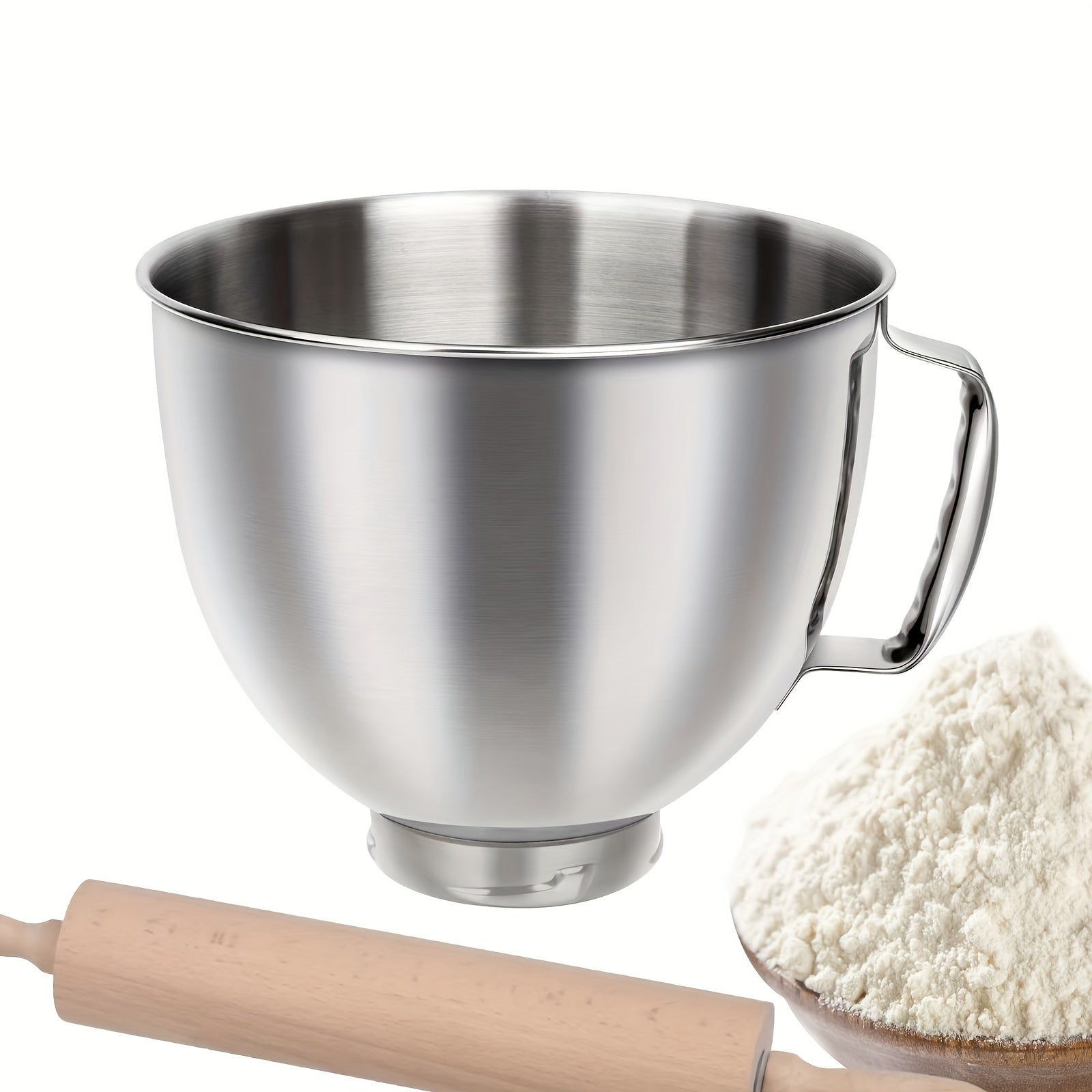 Qulay tutqichli mustahkam zanglamas po'latdan yasalgan aralashtirish idishi - KitchenAid 4.5-5QT qiyshiq boshli stend mikseri bilan mos keladi, mustahkam va tozalash oson, tortlar, non va shirinliklar pishirish uchun ideal.