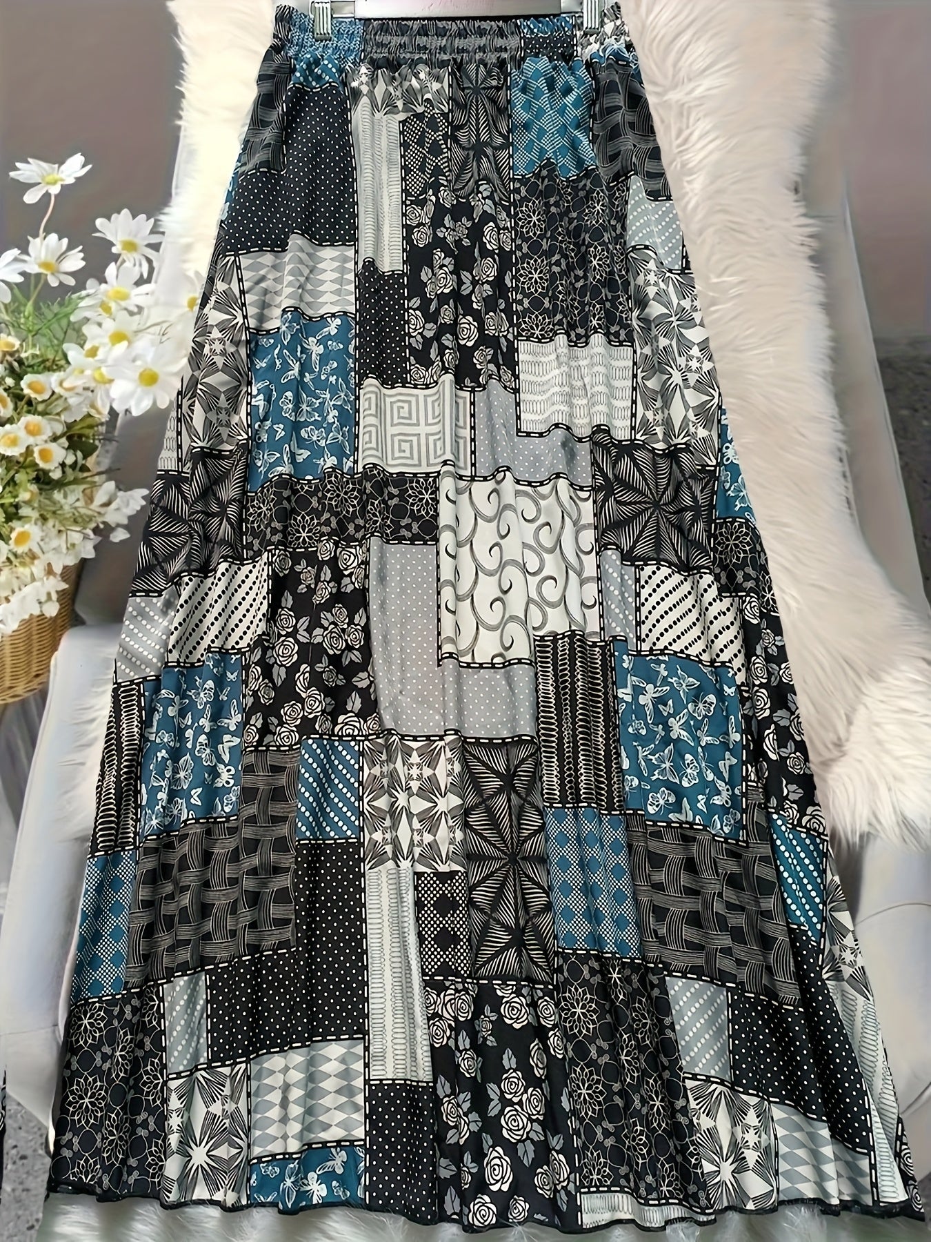 Women's Plus Size Maxi Skirt Elastic Waist Patchwork Flowing Skirt