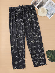 Women's Plus Size Casual Sleep Pants Allover Crown Print Bow Elastic Waist Trousers