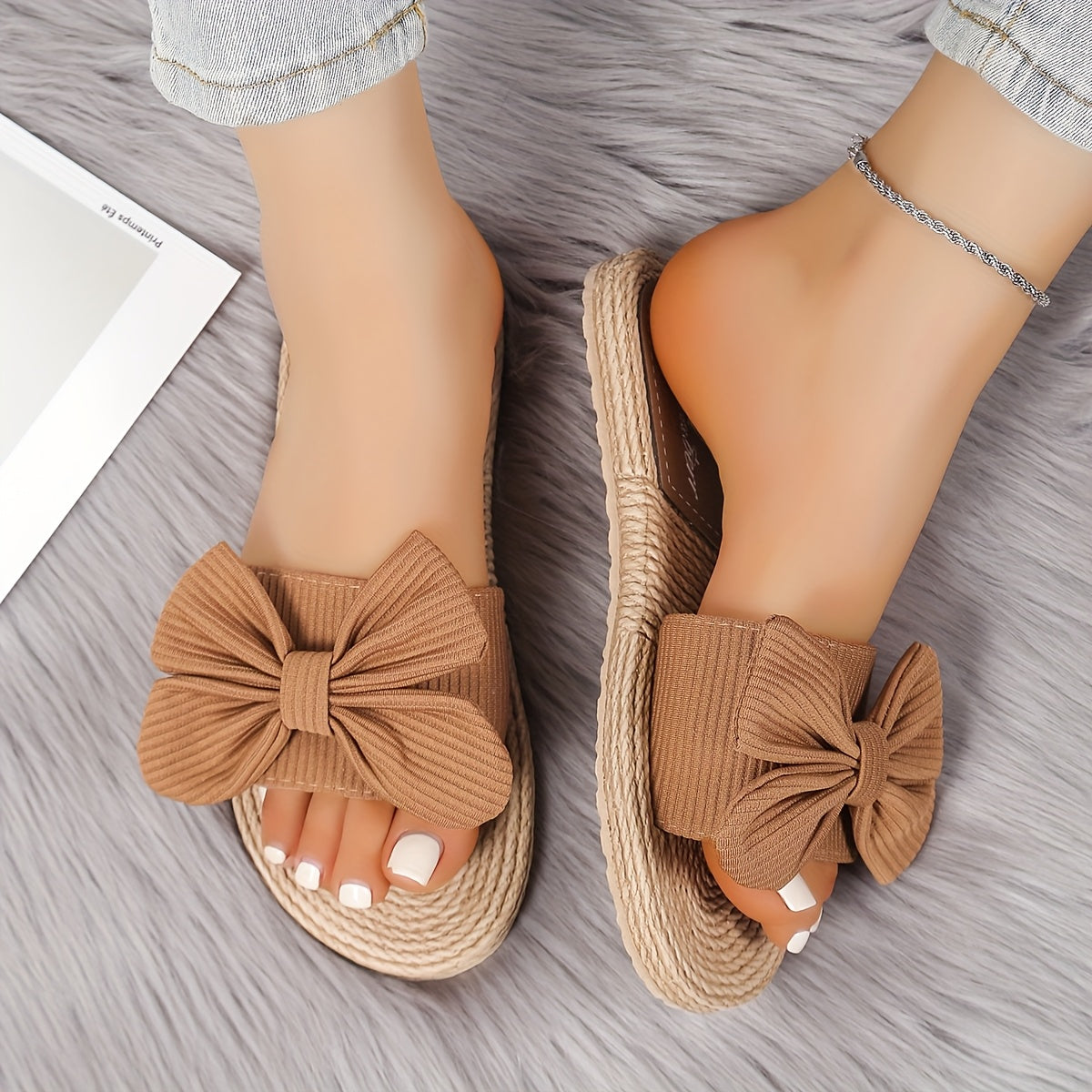 Women's Brown Bow Flat Sandals Open Toe Slip-On EVA Sole Casual