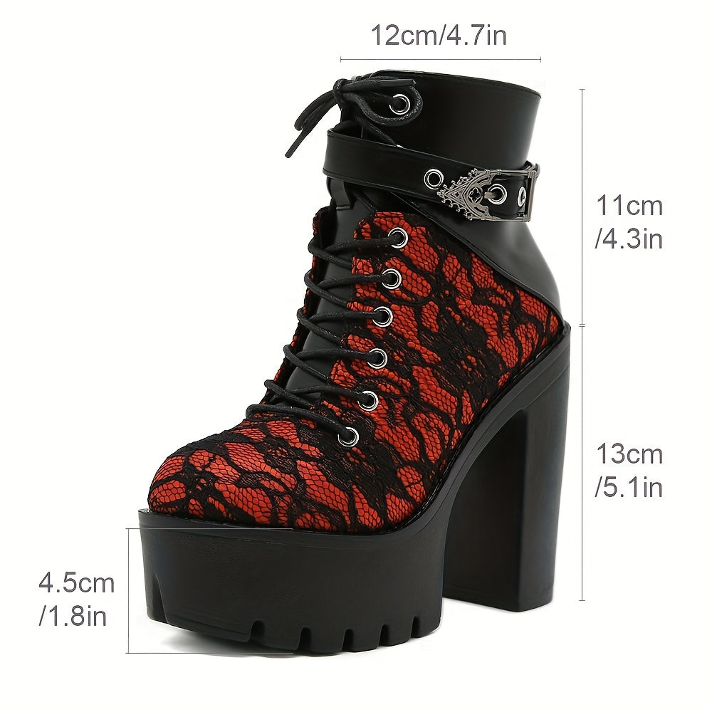 Women's Lace Red High Heel Ankle Boots with Platform Sole