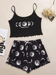 Women's Pajama Set with Moon and Galaxy Print Polyester Micro Elasticity Lettuce Trim Spaghetti Strap All Season