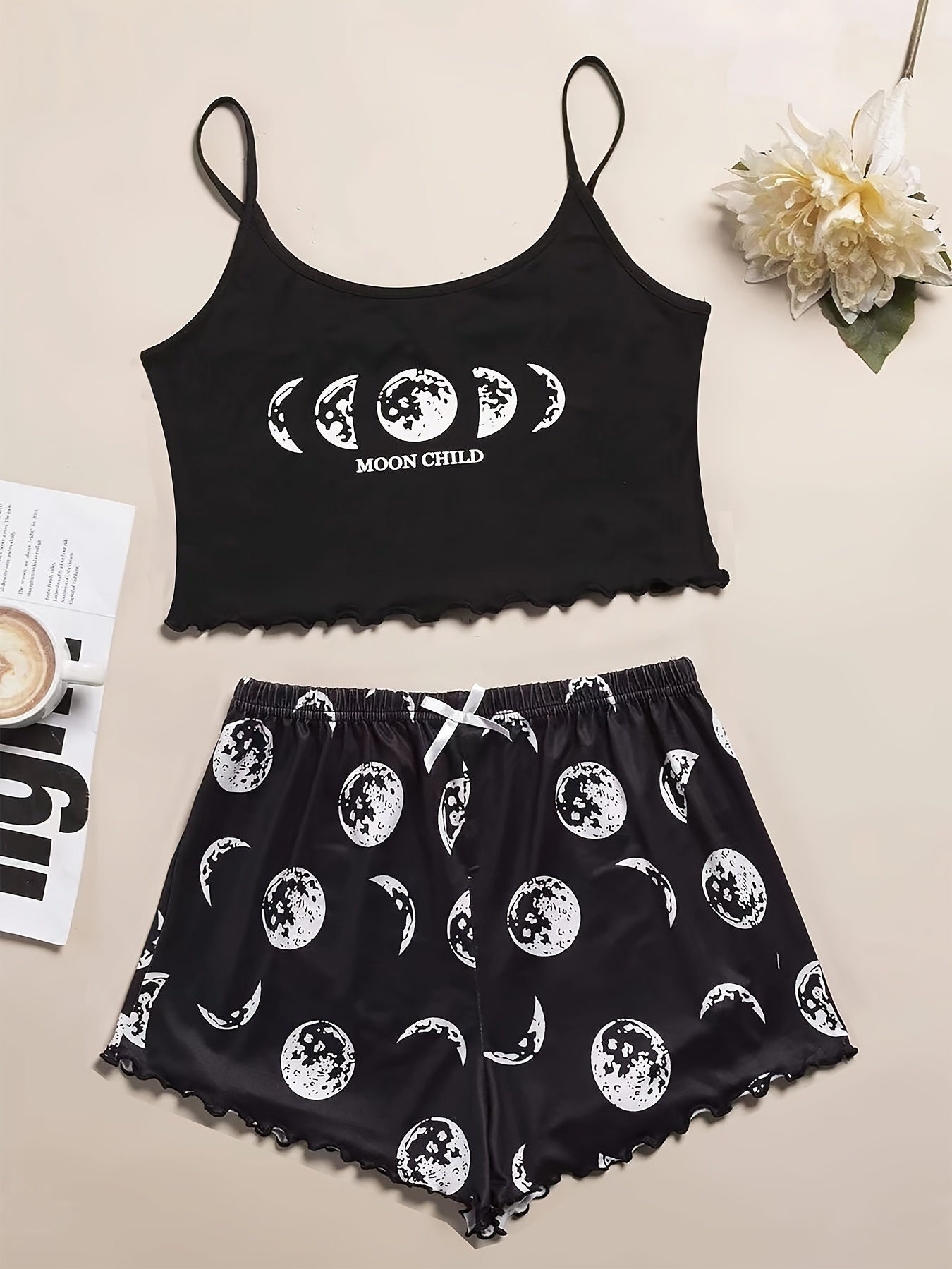 Women's Pajama Set with Moon and Galaxy Print Polyester Micro Elasticity Lettuce Trim Spaghetti Strap All Season