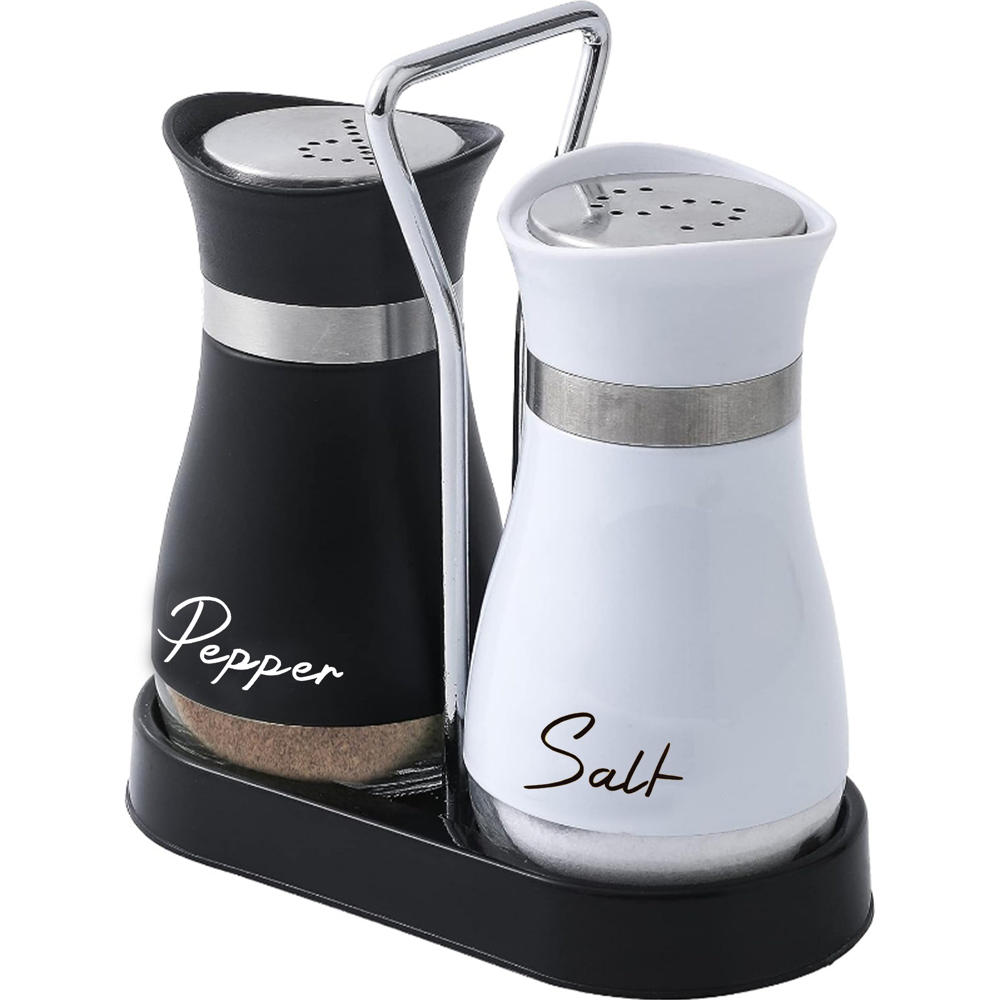 Set of 2 Glass Salt and Pepper Shakers with Holder, 4 oz Refillable Stainless Steel Lids