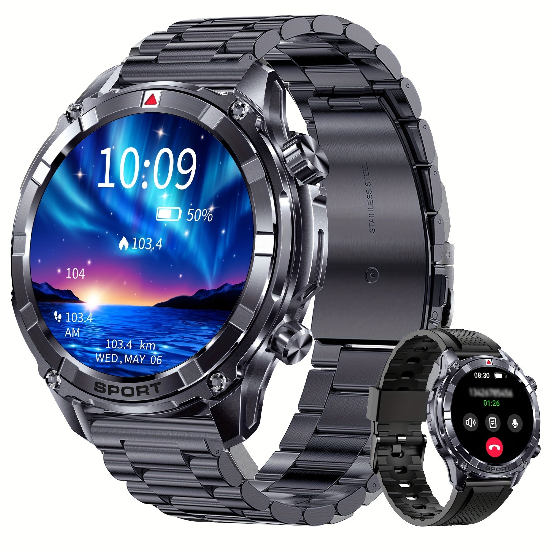 INNOFOVO erkaklar uchun aqlli soati 3.86 sm HD ekran, AI ovozli yordamchi, ob-havo prognozi, uyqu kuzatuvchisi, 100+ sport rejimi, simsiz qo'ng'iroq, zanglamaydigan po'latdan yasalgan tasma va USB zaryadlash imkoniyatlariga ega.