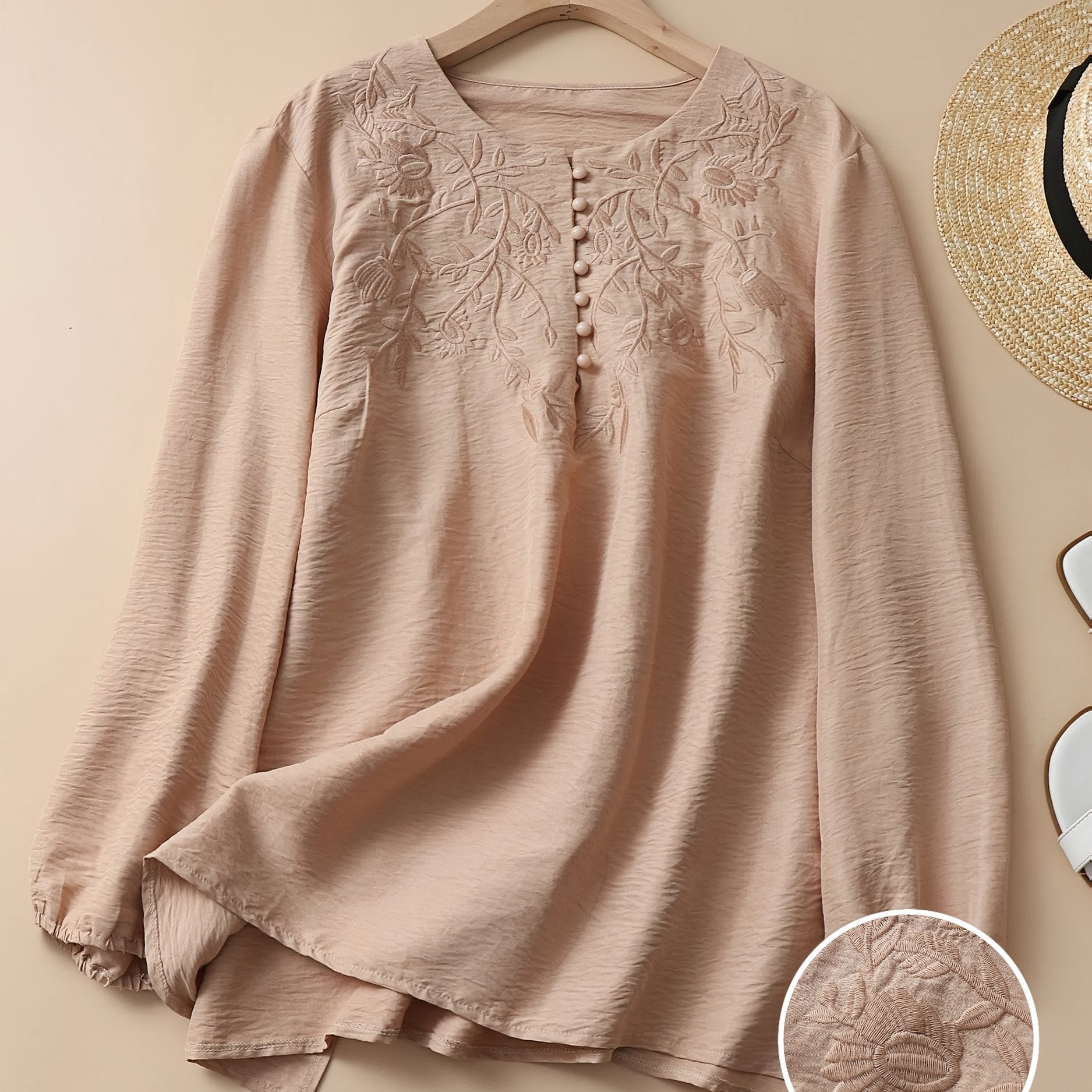 Floral Embroidered Long Sleeve Shirt for Women Made of Polyester and Spandex