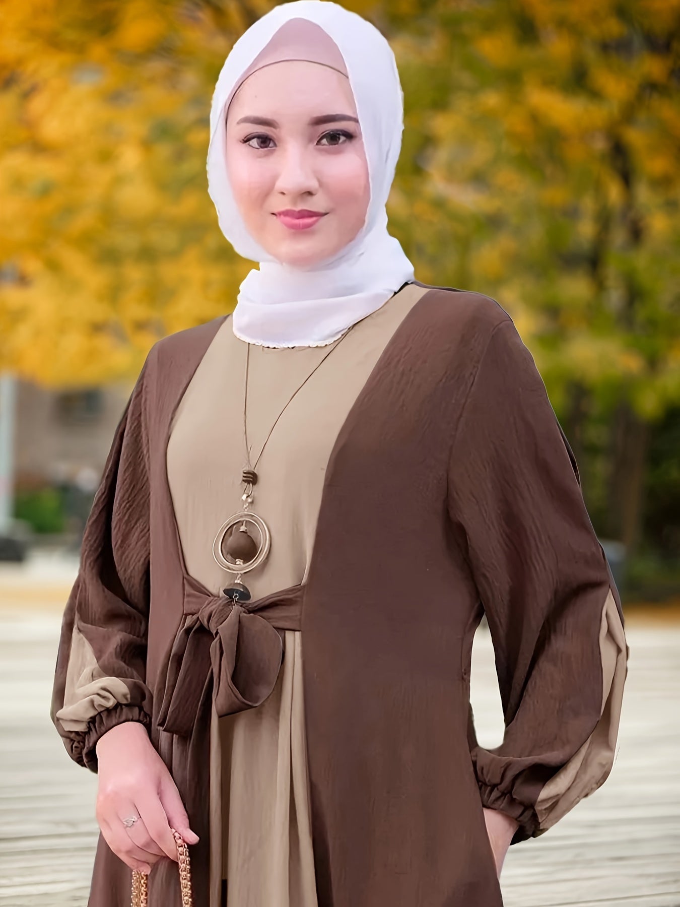 Women's Ramadan Color Block Tie Front Maxi Kaftan Dress Long Sleeve Polyester