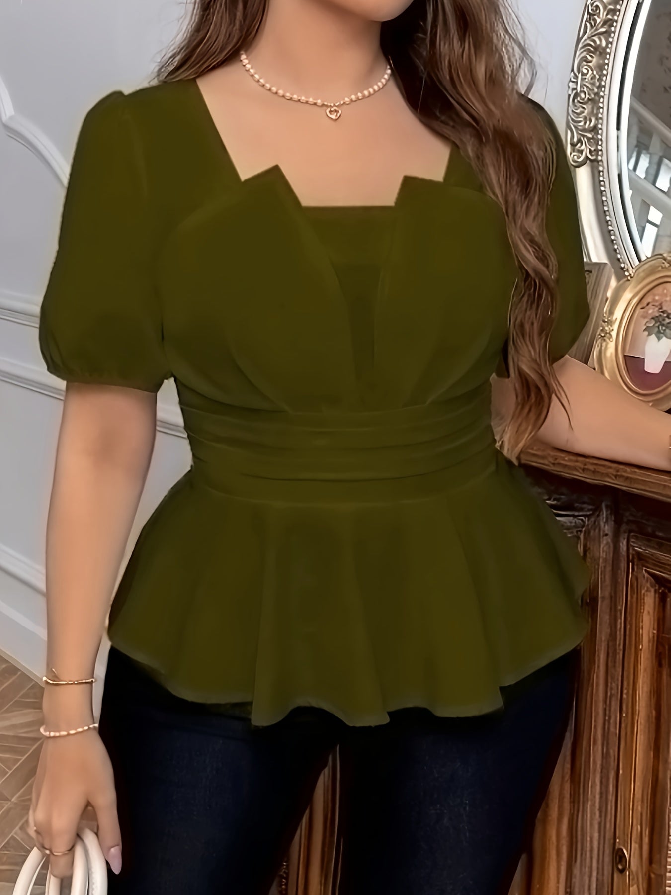 Plus Size Women's Blouse Short Sleeve Square Neck Soft Pink Flowy Top