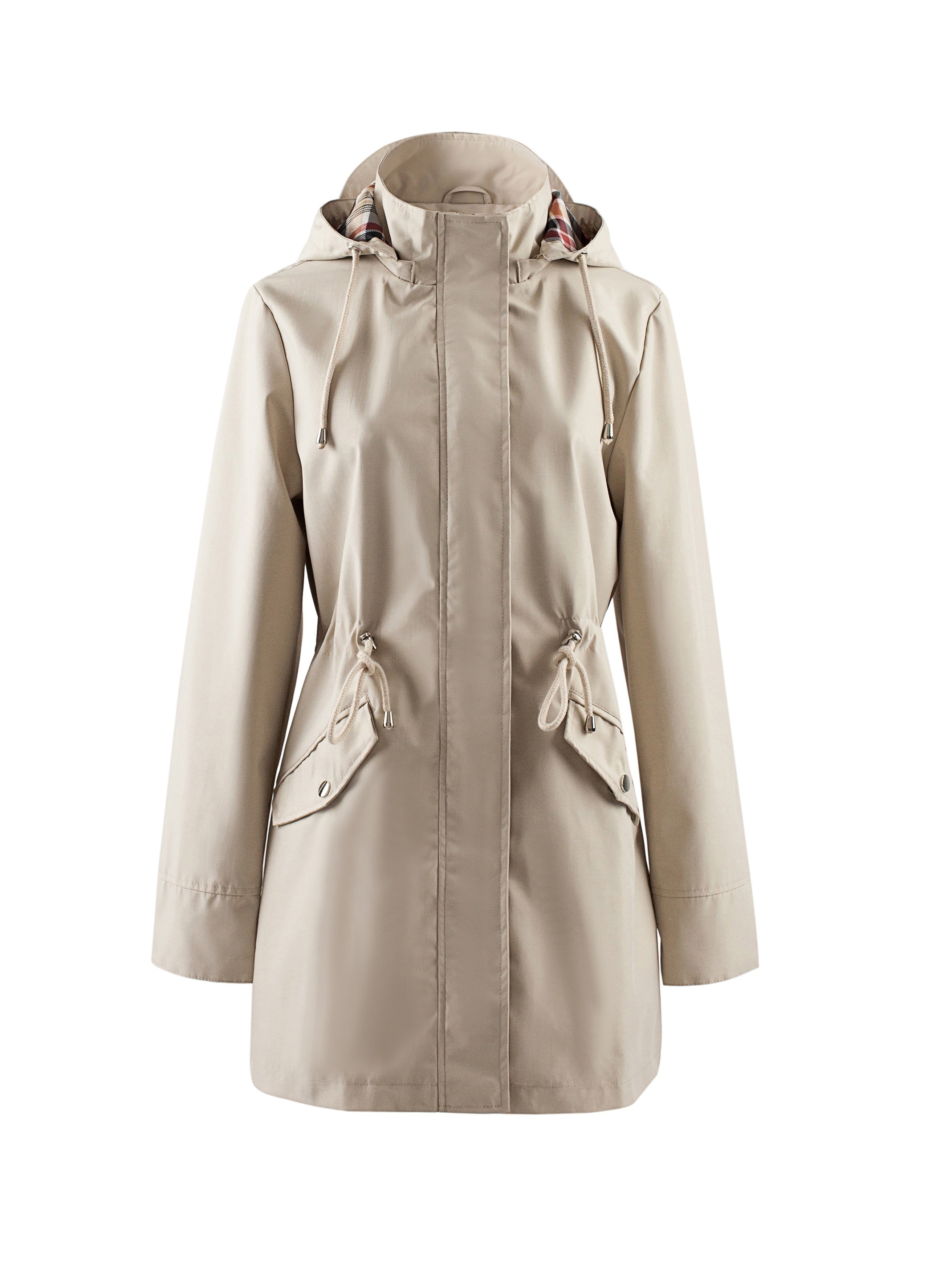 Women's Green Waterproof Raincoat with Hood and Pockets, Breathable Lightweight Windbreaker