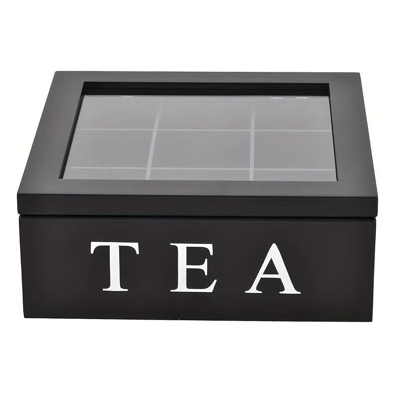Black Wooden Tea and Jewelry Storage Box with Drawer and Lid