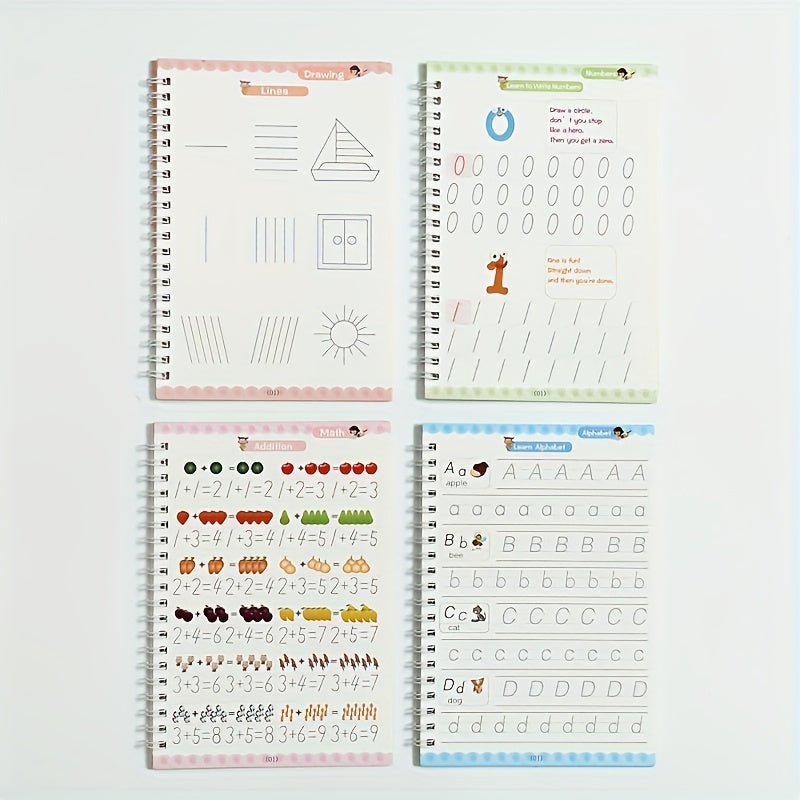 English Handwriting Practice Workbooks for Kids with Grooved Pages and Stickers, Educational Notebook Set