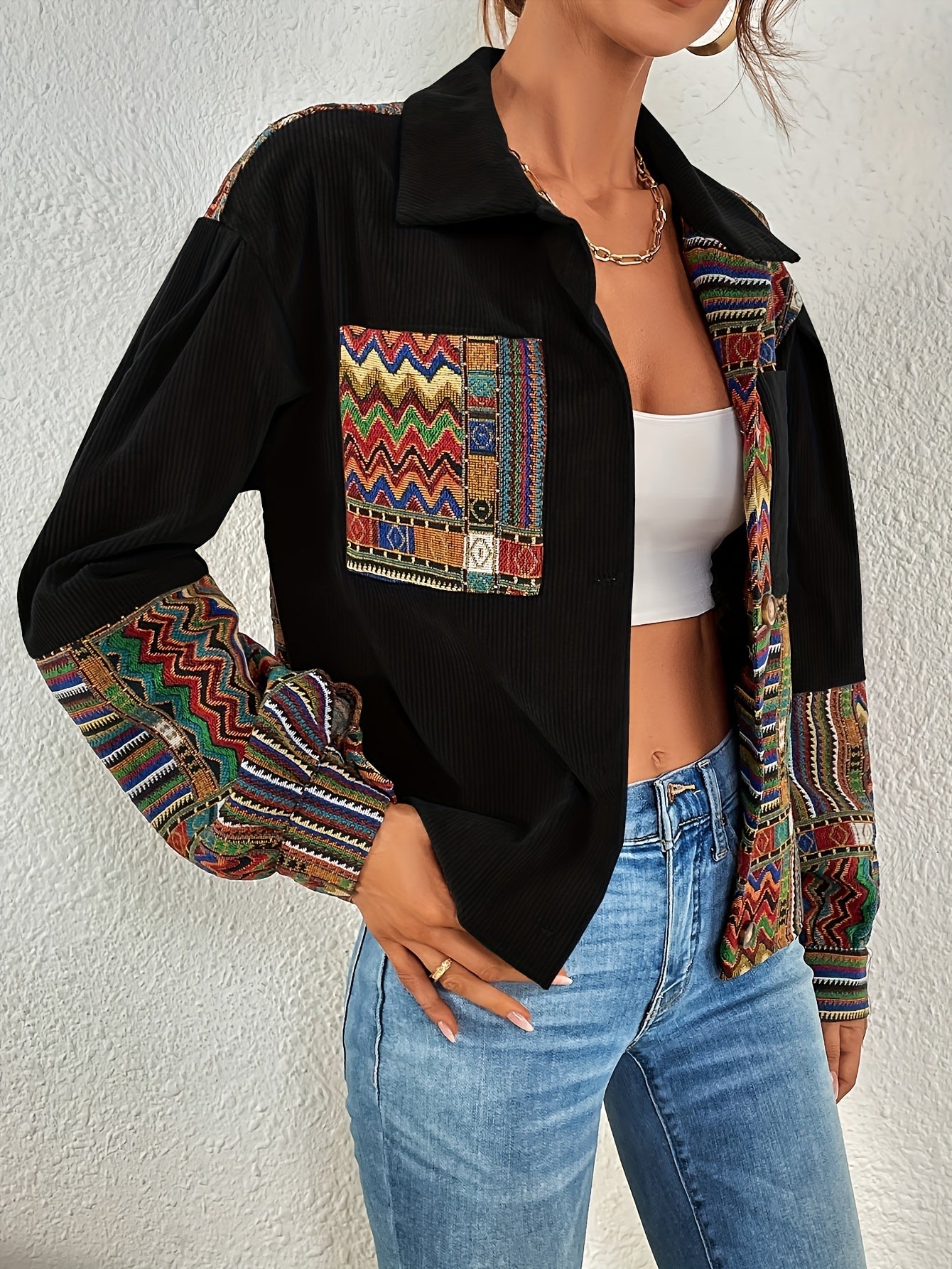 Women's Corduroy Jacket with Printed Shoulders and Color Block Pattern for Spring Fall Casual Outerwear