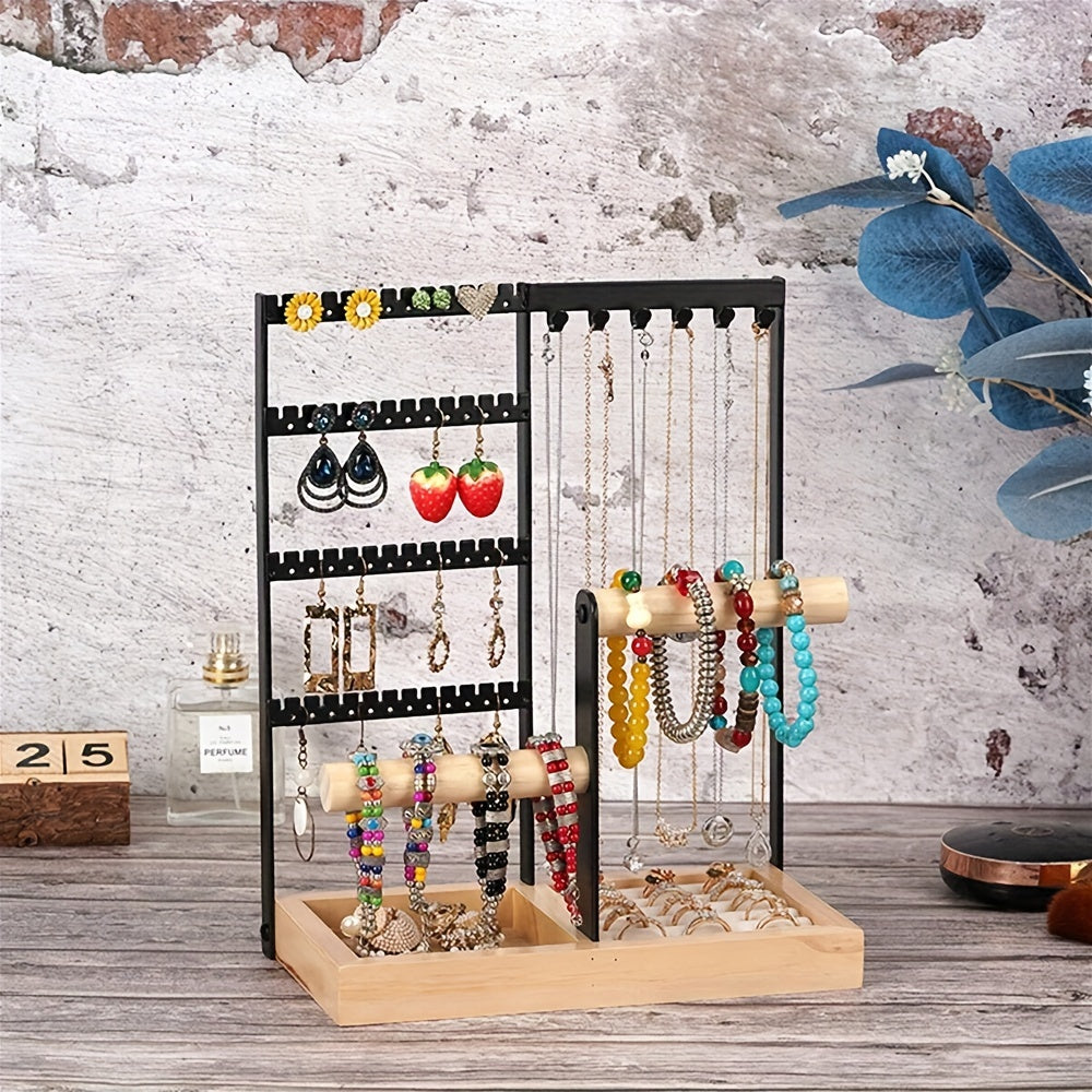 White Wooden Jewelry Organizer Stand with 5 Tiers and Iron Necklace Hooks