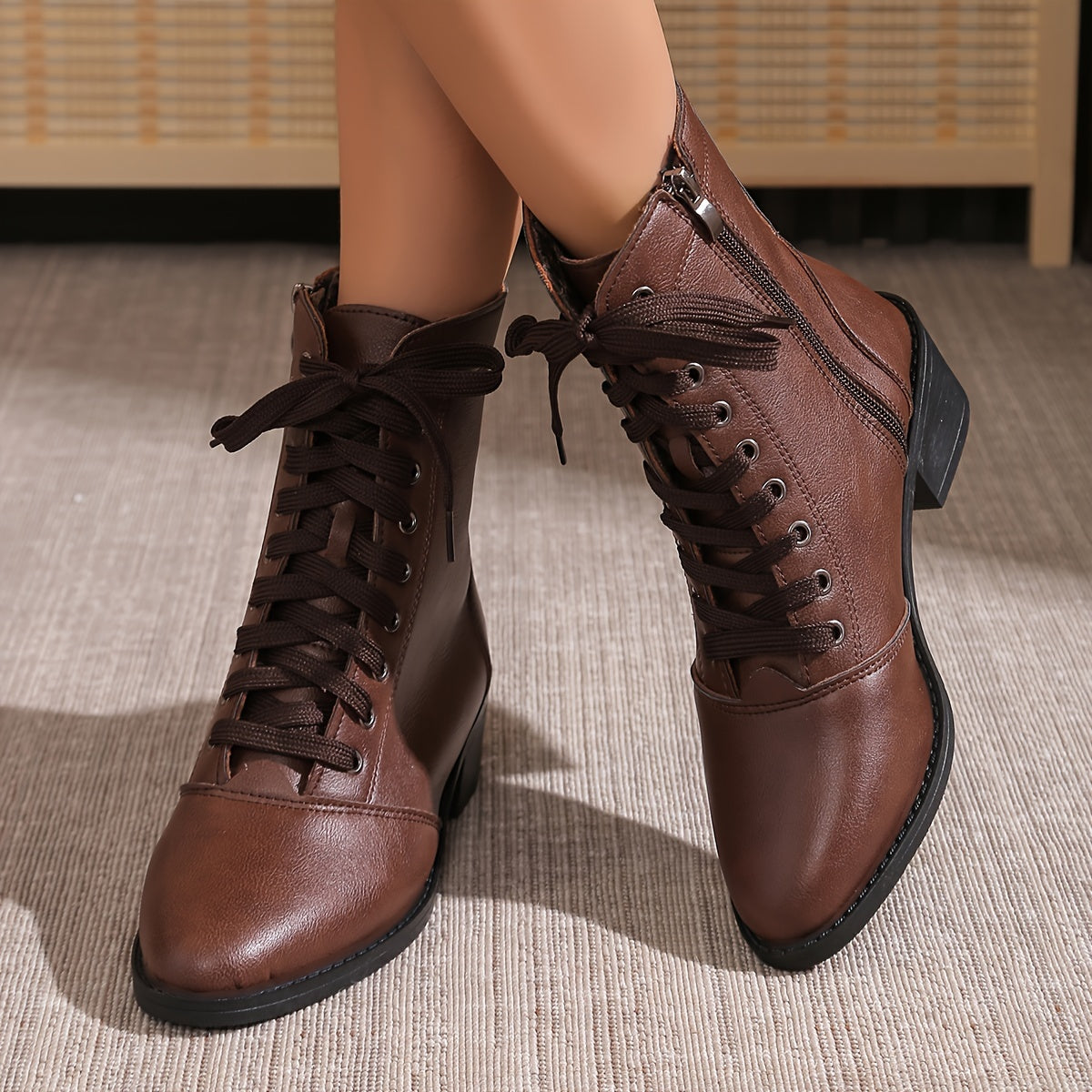Women's Velvet Lined Mid-Heel Combat Boots with Side Zip and Chunky Heel